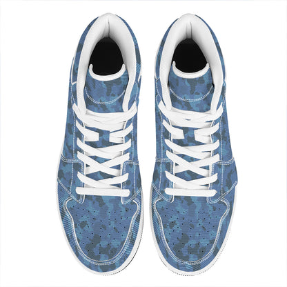 Camouflage Denim Jeans Pattern Print High Top Leather Sneakers