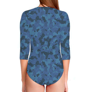 Camouflage Denim Jeans Pattern Print Long Sleeve Swimsuit