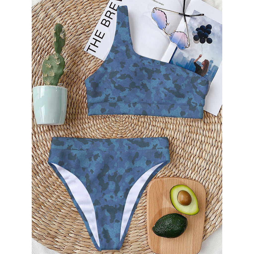 Camouflage Denim Jeans Pattern Print One Shoulder Bikini Top