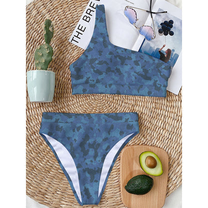 Camouflage Denim Jeans Pattern Print One Shoulder Bikini Top