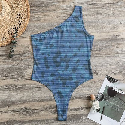 Camouflage Denim Jeans Pattern Print One Shoulder Bodysuit
