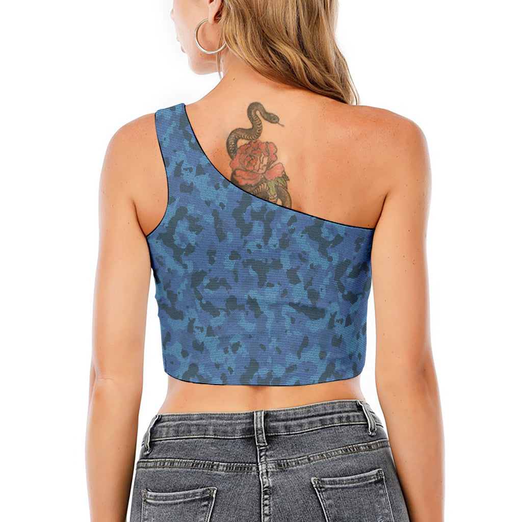 Camouflage Denim Jeans Pattern Print One Shoulder Crop Top