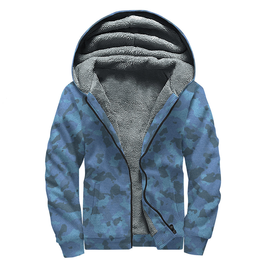 Camouflage Denim Jeans Pattern Print Sherpa Lined Zip Up Hoodie