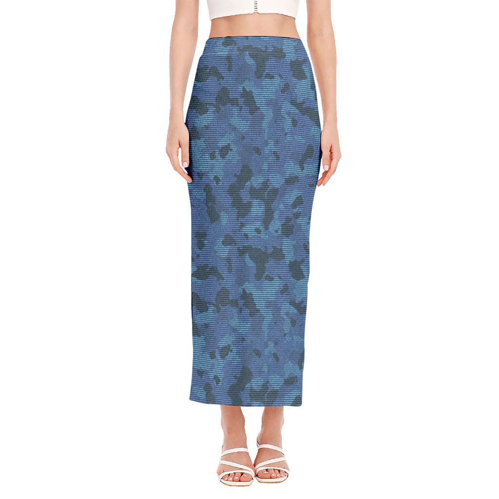 Camouflage Denim Jeans Pattern Print Side Slit Maxi Skirt