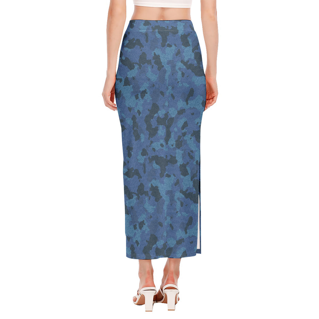 Camouflage Denim Jeans Pattern Print Side Slit Maxi Skirt