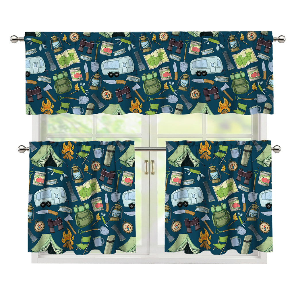 Camping Equipment Pattern Print 3 Piece Kitchen Curtains