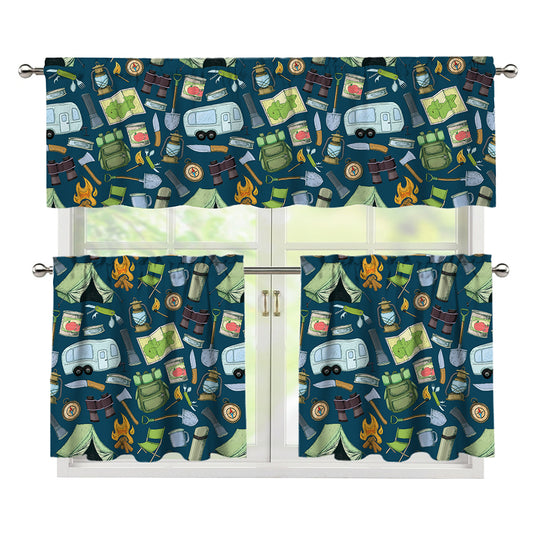 Camping Equipment Pattern Print 3 Piece Kitchen Curtains