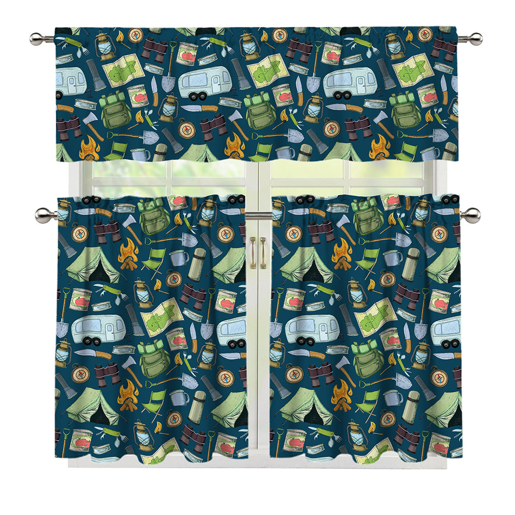 Camping Equipment Pattern Print 3 Piece Kitchen Curtains