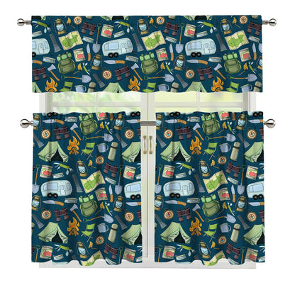 Camping Equipment Pattern Print 3 Piece Kitchen Curtains