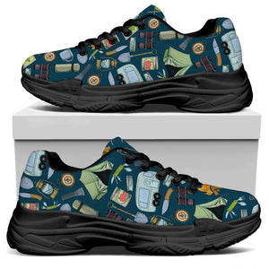 Camping Equipment Pattern Print Black Chunky Shoes