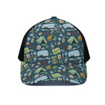 Camping Equipment Pattern Print Black Mesh Trucker Cap