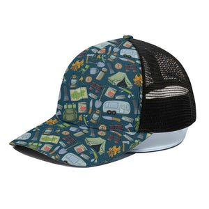 Camping Equipment Pattern Print Black Mesh Trucker Cap