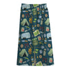 Camping Equipment Pattern Print Cotton Front Slit Maxi Skirt