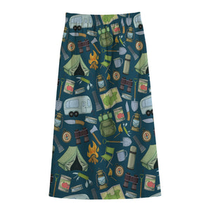 Camping Equipment Pattern Print Cotton Front Slit Maxi Skirt