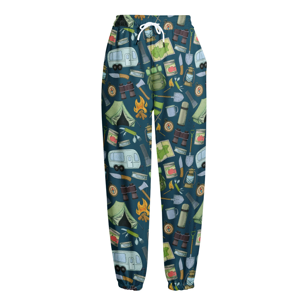 Camping Equipment Pattern Print Fleece Lined Knit Pants