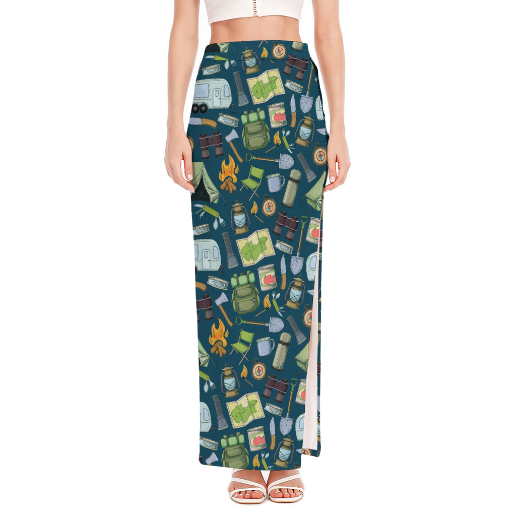 Camping Equipment Pattern Print High Slit Maxi Skirt