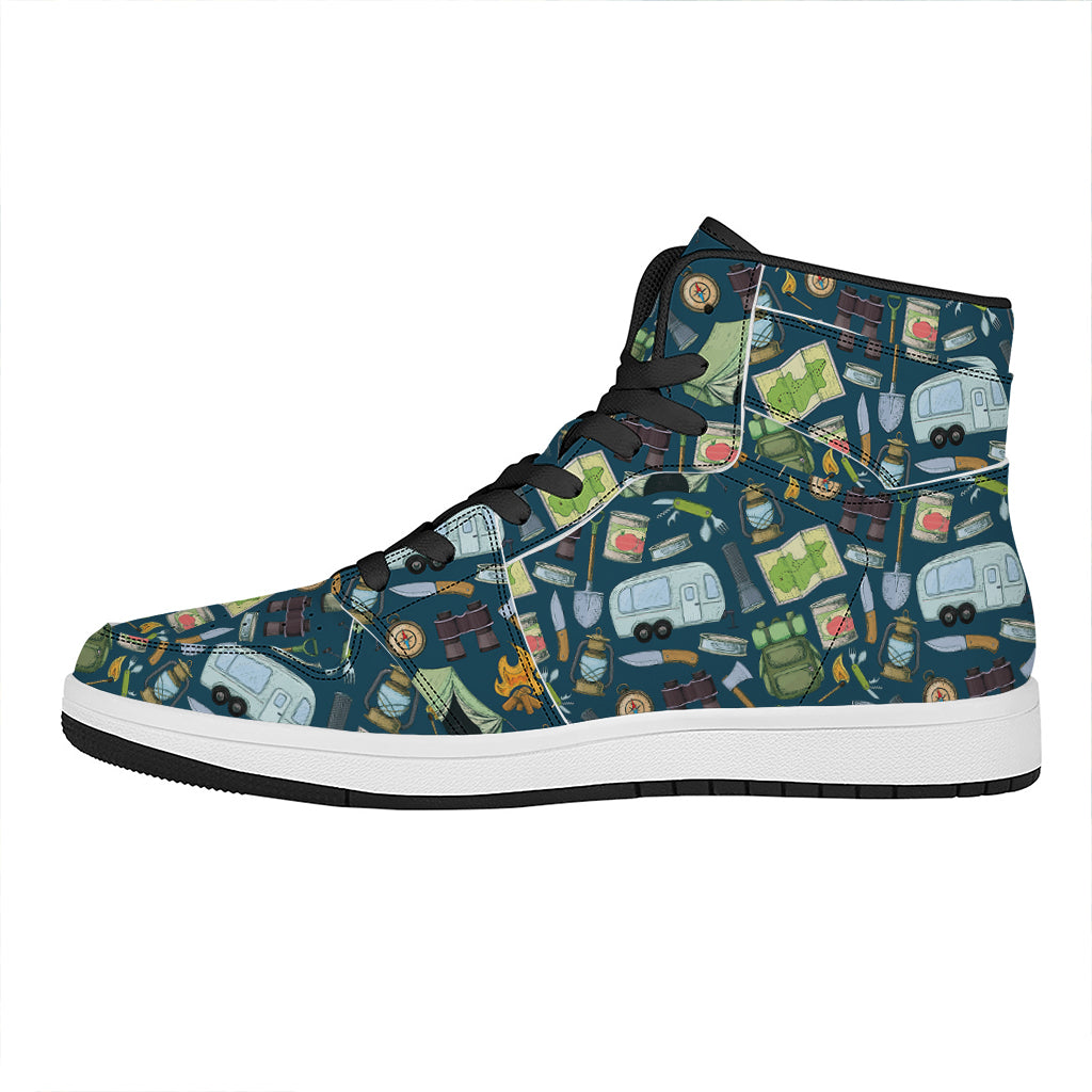 Camping Equipment Pattern Print High Top Leather Sneakers