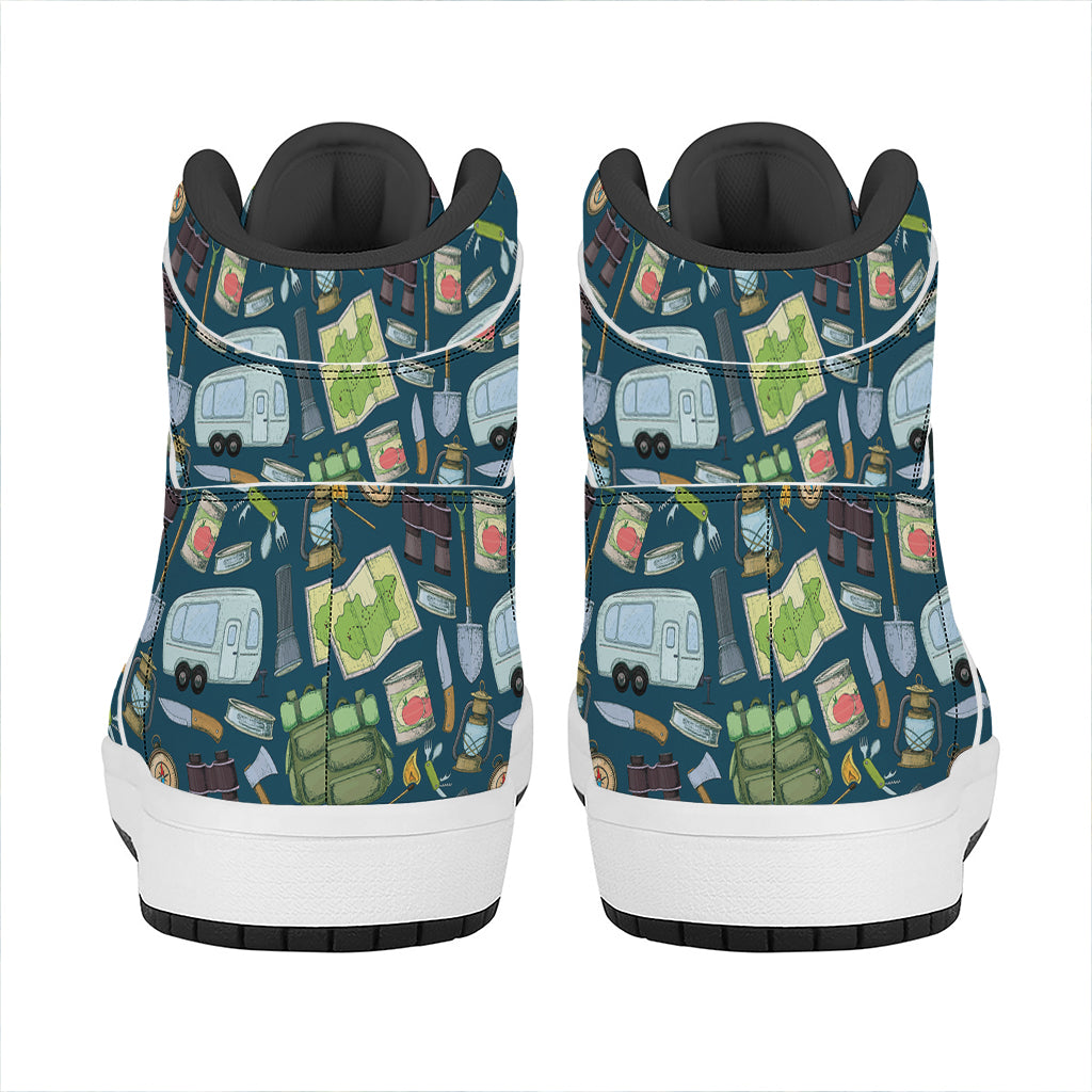 Camping Equipment Pattern Print High Top Leather Sneakers
