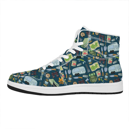 Camping Equipment Pattern Print High Top Leather Sneakers
