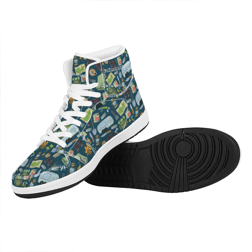 Camping Equipment Pattern Print High Top Leather Sneakers