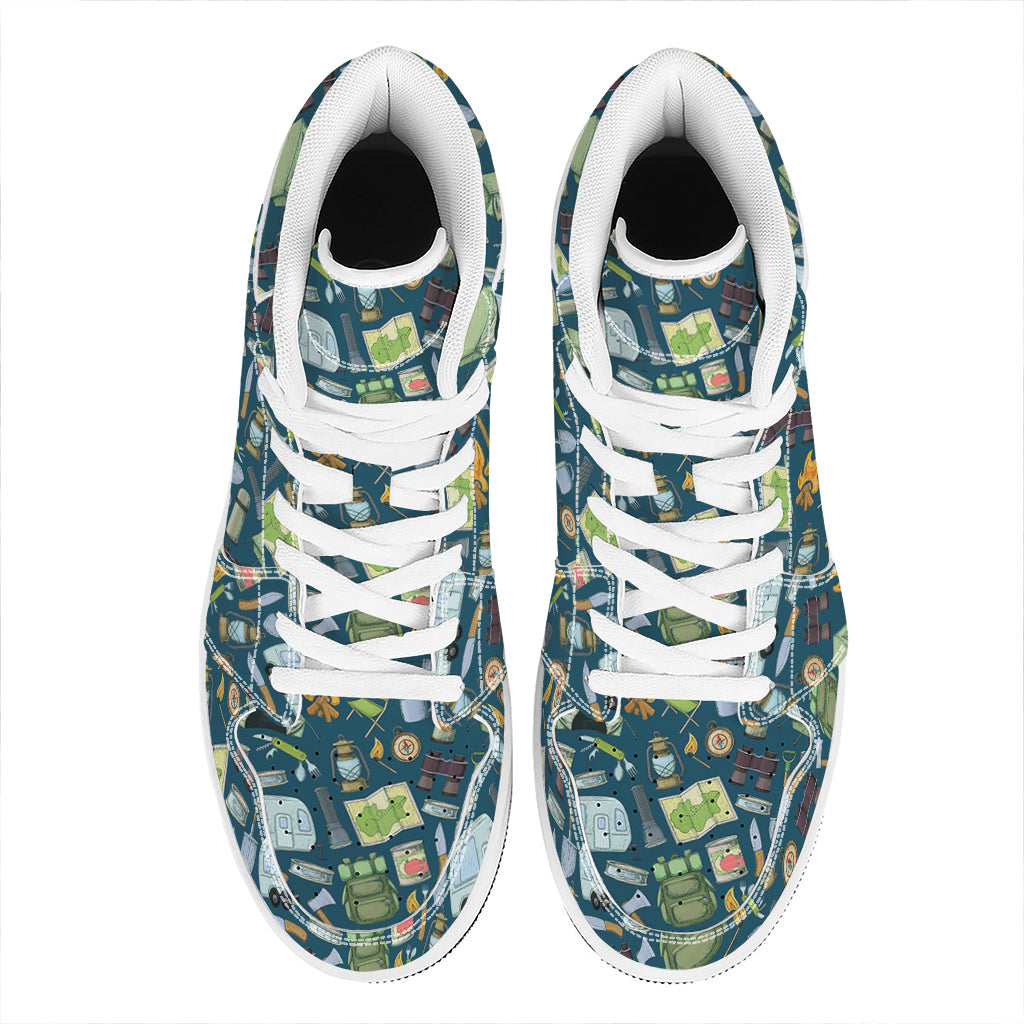 Camping Equipment Pattern Print High Top Leather Sneakers