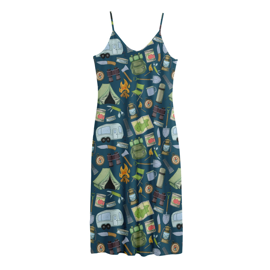 Camping Equipment Pattern Print Jersey Midi Cami Dress