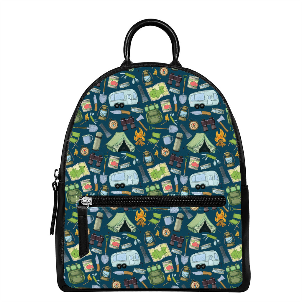 Camping Equipment Pattern Print Leather Backpack