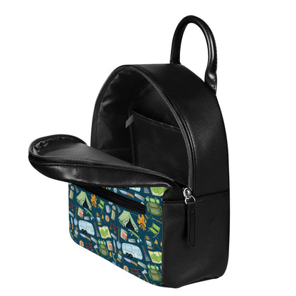 Camping Equipment Pattern Print Leather Backpack