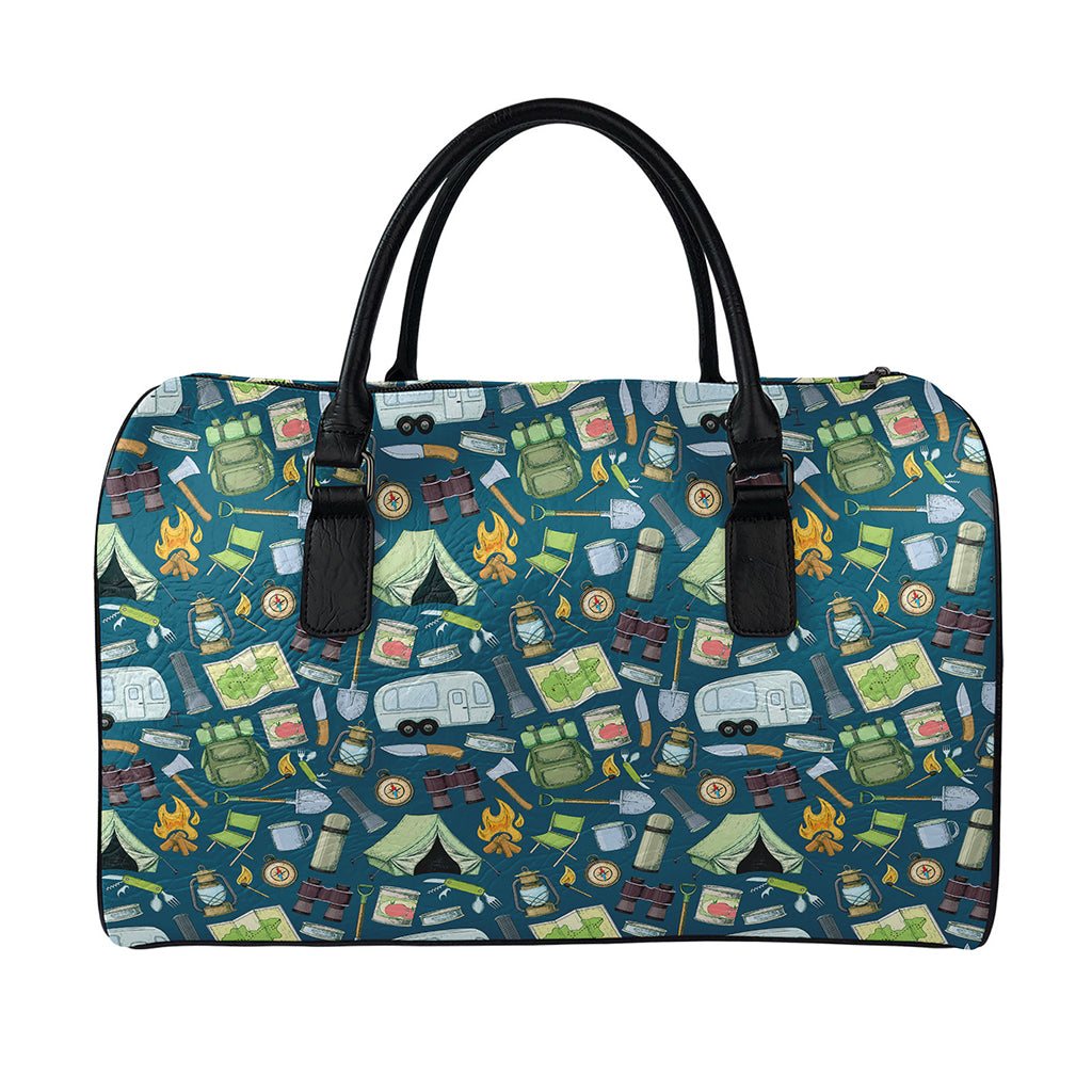 Camping Equipment Pattern Print Leather Duffle Bag