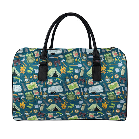 Camping Equipment Pattern Print Leather Duffle Bag