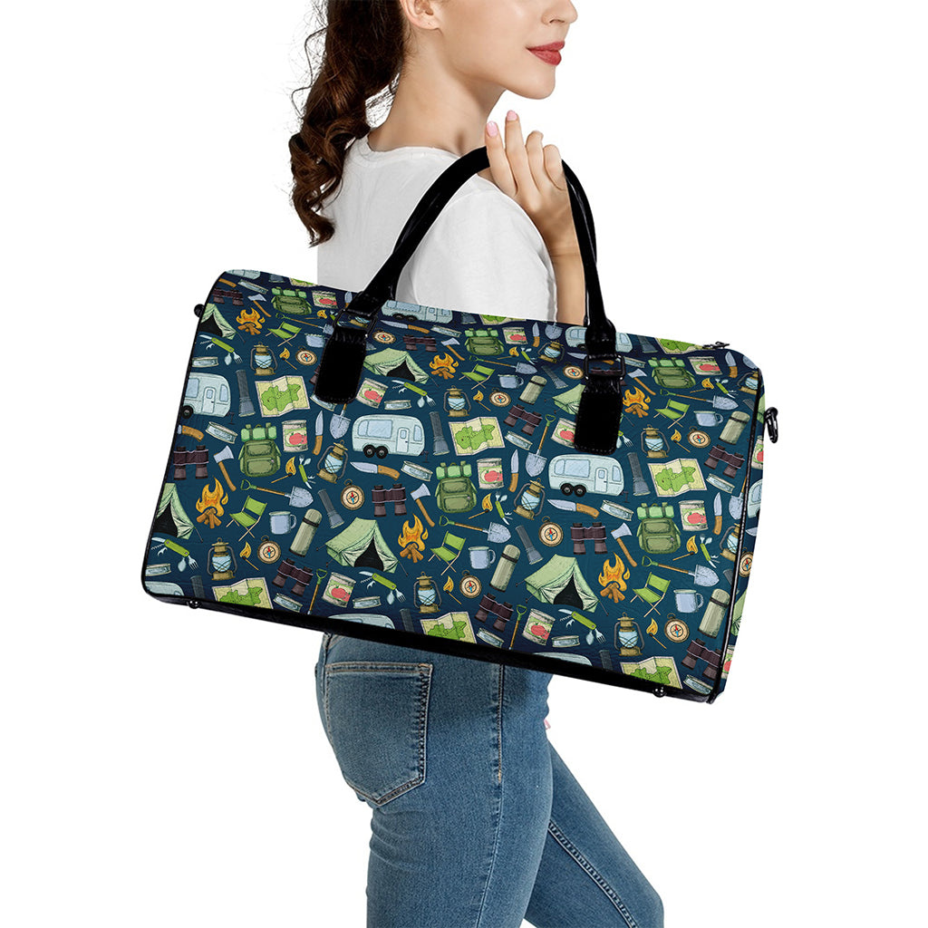 Camping Equipment Pattern Print Leather Duffle Bag