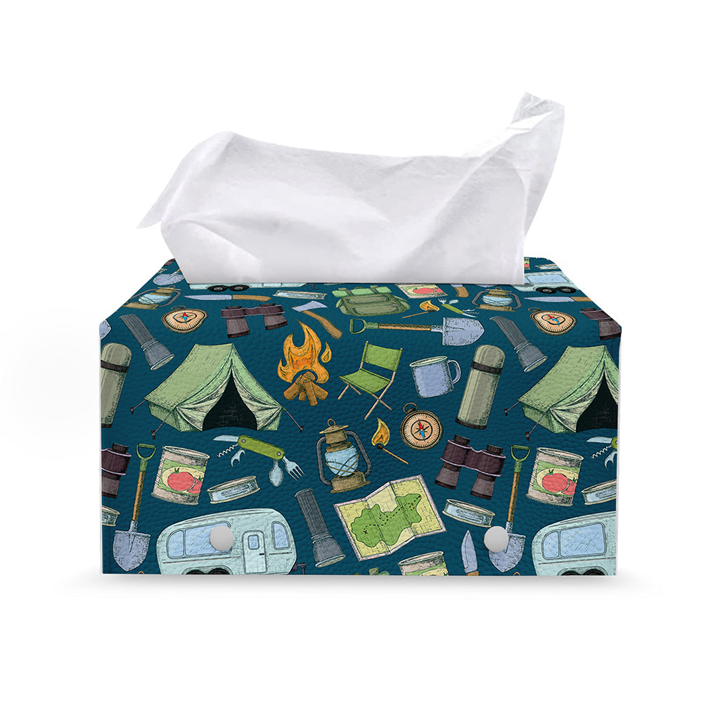 Camping Equipment Pattern Print Leather Tissue Box Cover