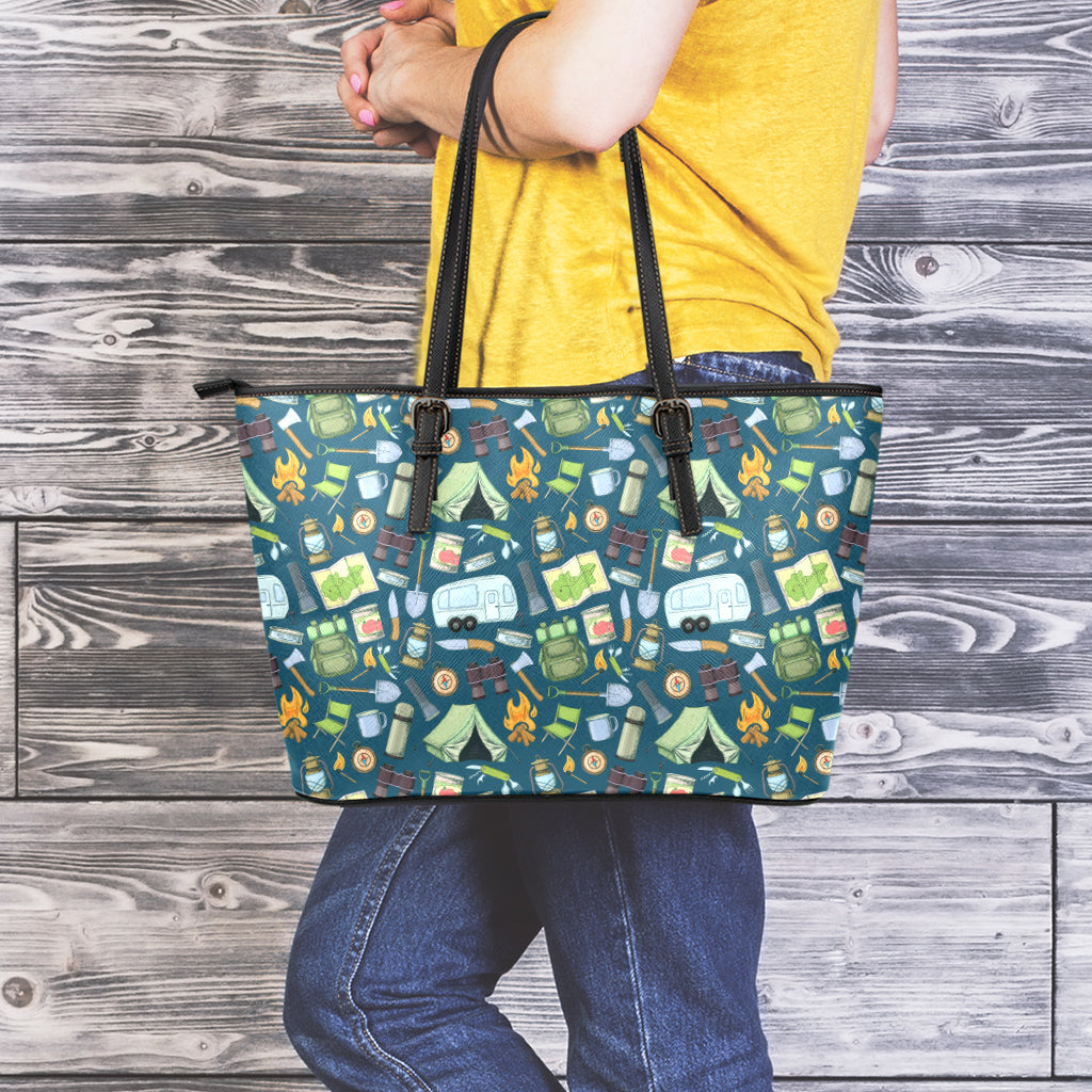Camping Equipment Pattern Print Leather Tote Bag