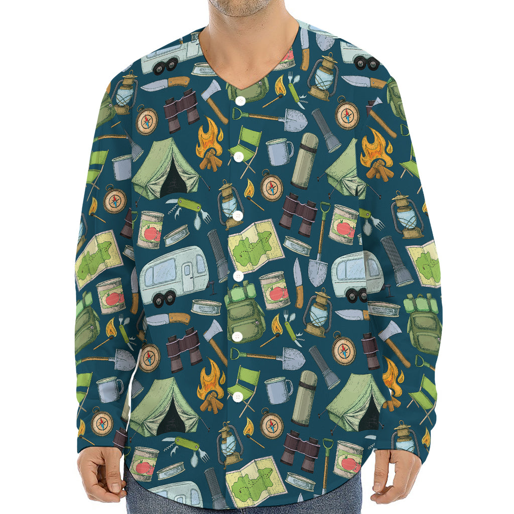 Camping Equipment Pattern Print Long Sleeve Baseball Jersey