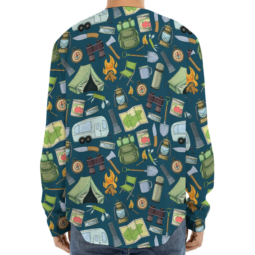 Camping Equipment Pattern Print Long Sleeve Baseball Jersey