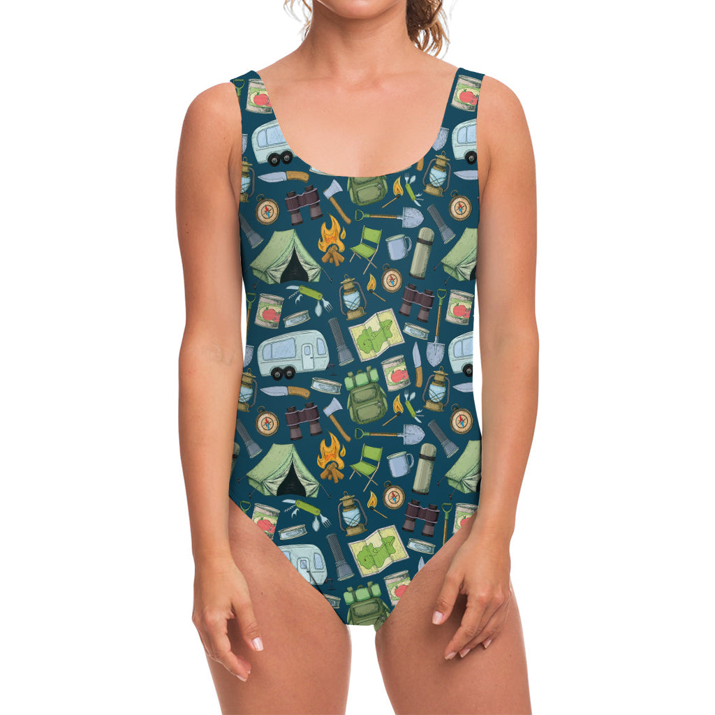 Camping Equipment Pattern Print One Piece Swimsuit