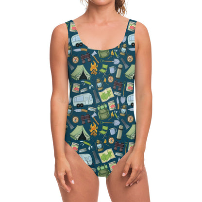 Camping Equipment Pattern Print One Piece Swimsuit