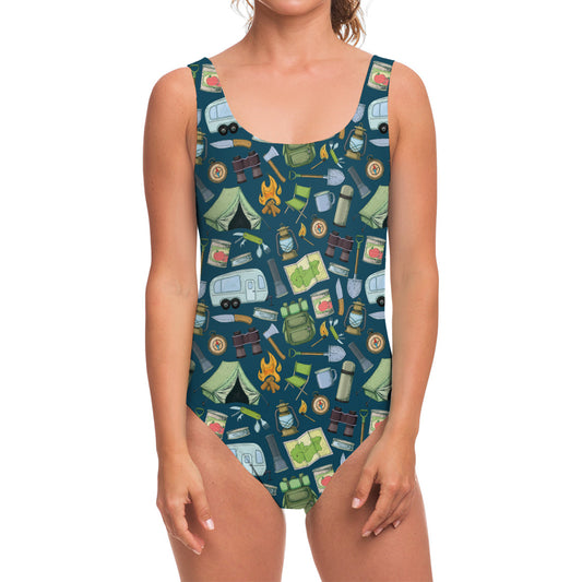Camping Equipment Pattern Print One Piece Swimsuit