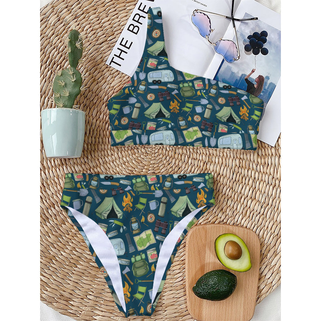 Camping Equipment Pattern Print One Shoulder Bikini Top