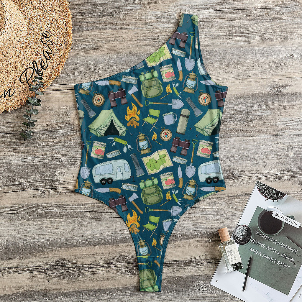 Camping Equipment Pattern Print One Shoulder Bodysuit