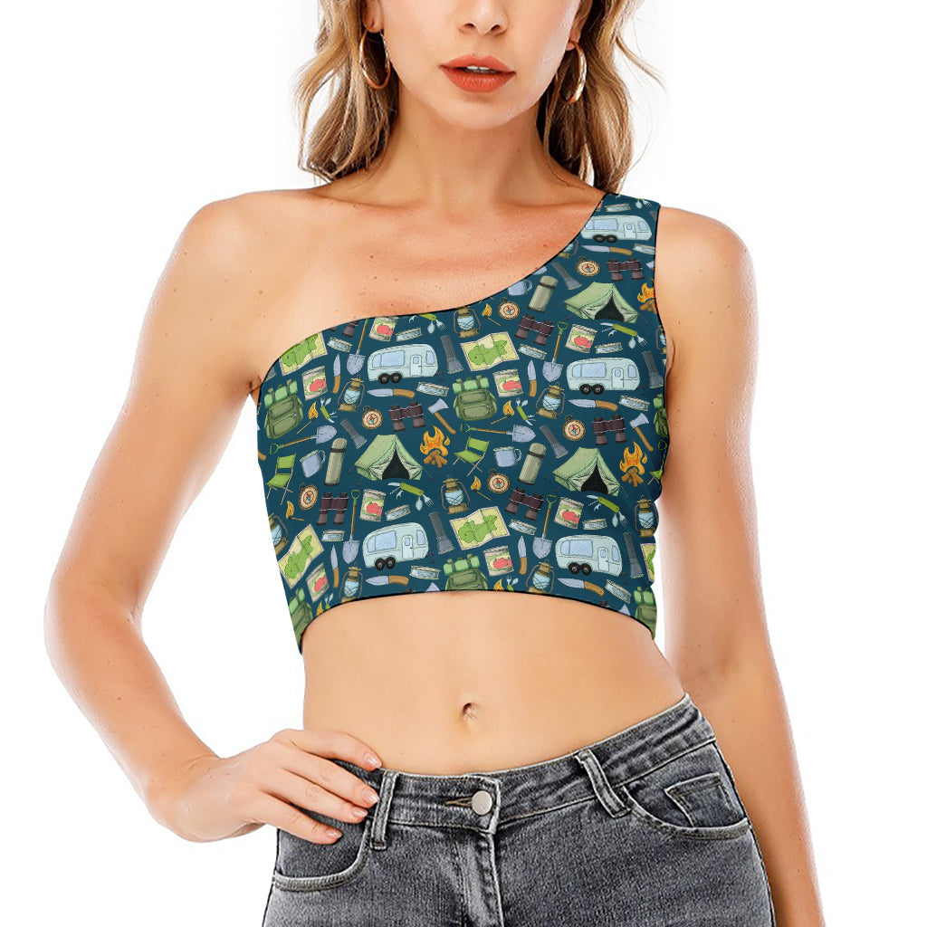 Camping Equipment Pattern Print One Shoulder Crop Top