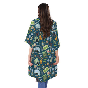 Camping Equipment Pattern Print Open Front Beach Cover Up