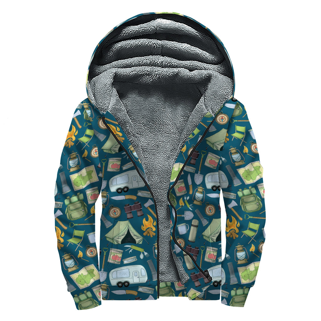 Camping Equipment Pattern Print Sherpa Lined Zip Up Hoodie