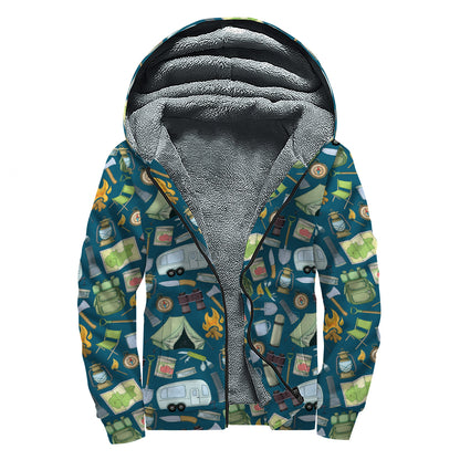 Camping Equipment Pattern Print Sherpa Lined Zip Up Hoodie