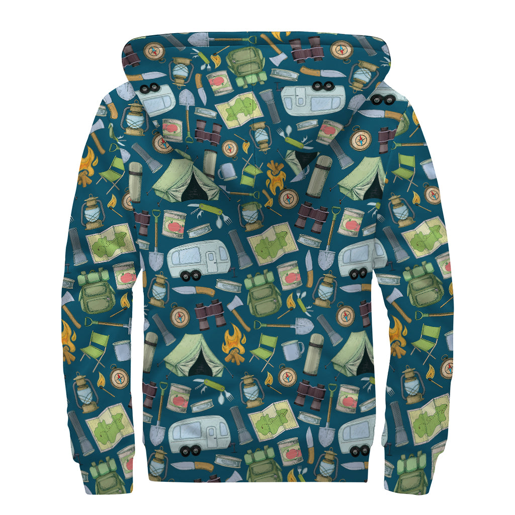Camping Equipment Pattern Print Sherpa Lined Zip Up Hoodie