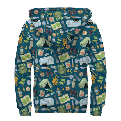 Camping Equipment Pattern Print Sherpa Lined Zip Up Hoodie