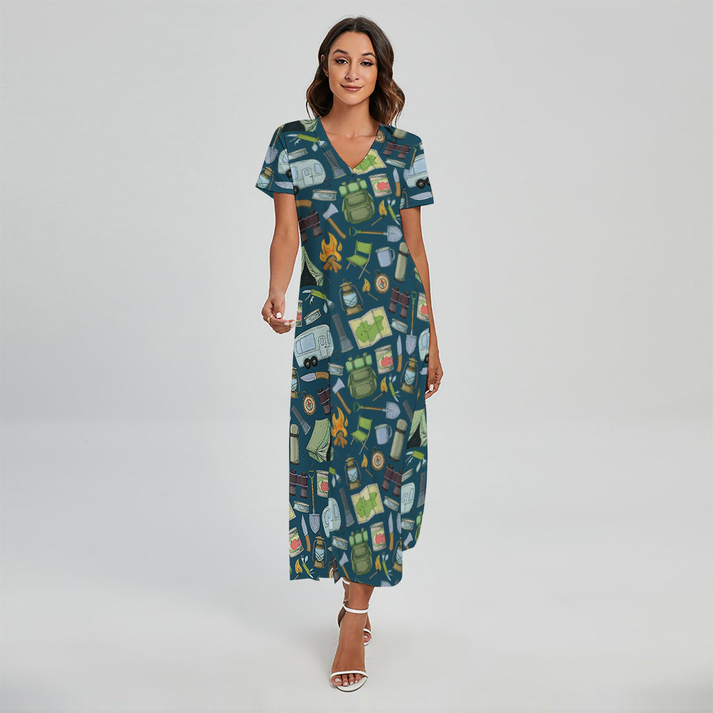 Camping Equipment Pattern Print Short Sleeve Maxi Dress