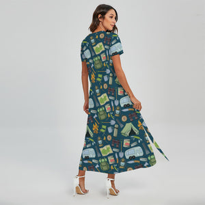 Camping Equipment Pattern Print Short Sleeve Maxi Dress