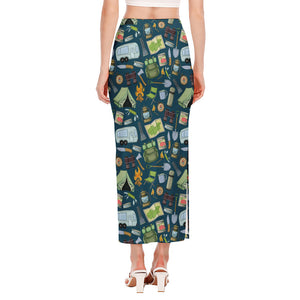 Camping Equipment Pattern Print Side Slit Maxi Skirt