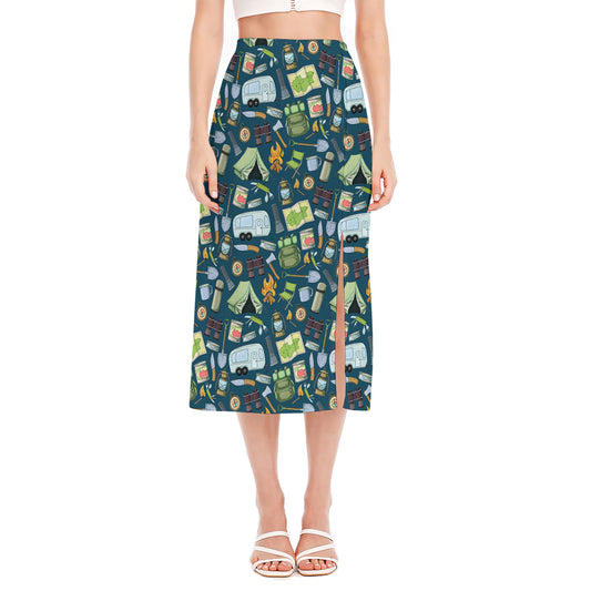 Camping Equipment Pattern Print Side Slit Midi Skirt